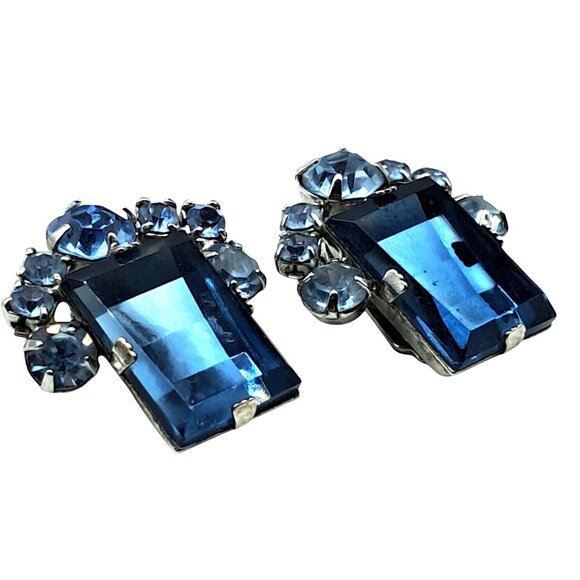 Vintage Blue Rhinestone Earrings Two Tone Blue Checkerboard Clip On Costume Jewe - Picture 9 of 10